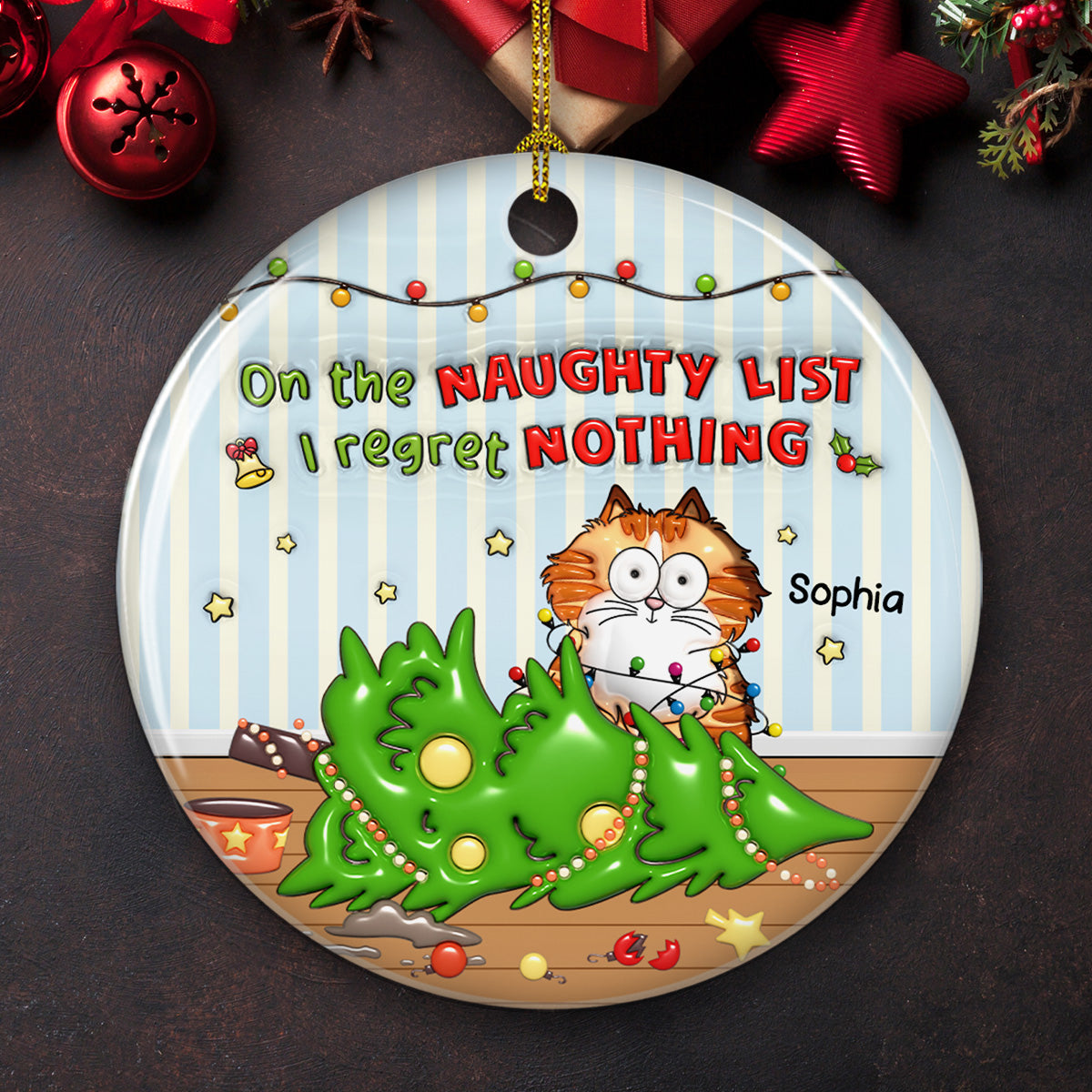 Naughty List Catmas - Personalized Custom 3D Inflated Effect Ceramic Ornament