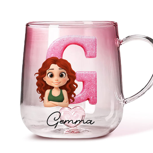 Glitter Alphabet Cartoon - Personalized Custom Pink Gradient Glass Mug
