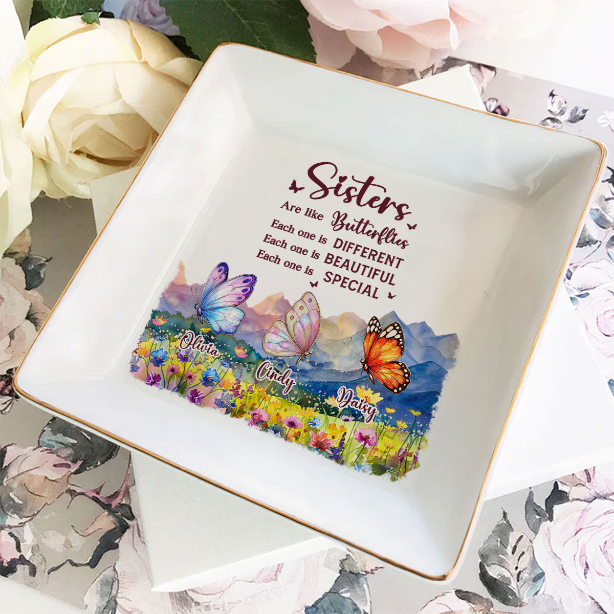 Sisters Are Like Butterflies - Personalized Custom Jewelry Dish