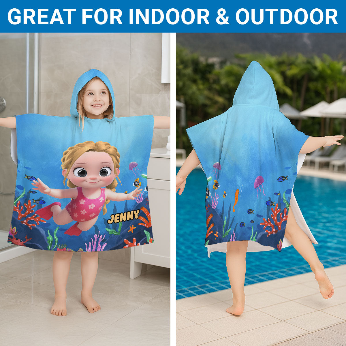Cartoon Kid Character Marine  - Personalized Custom Hooded Beach Towel