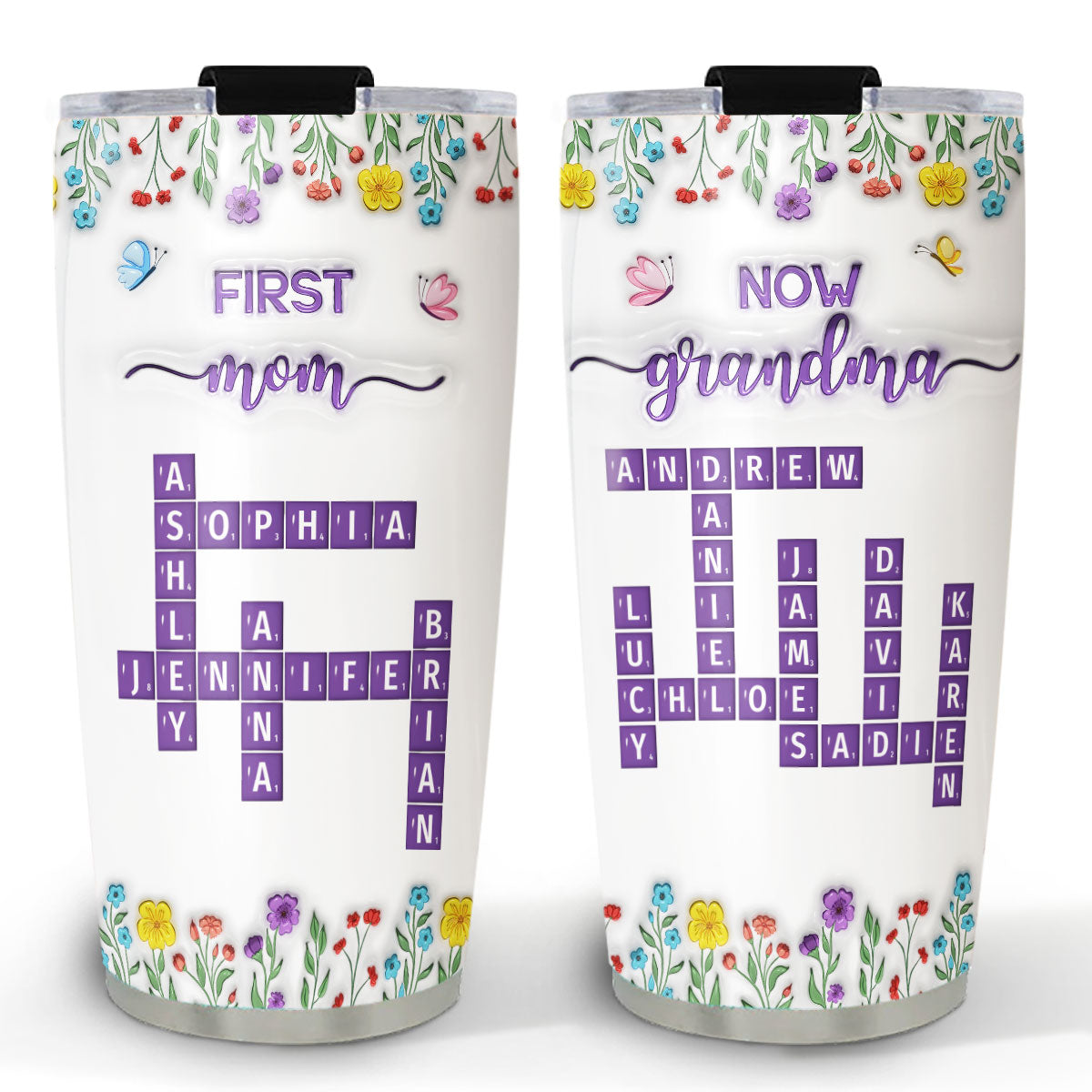 First Mom Now Grandma Crossword Floral Version - Personalized Custom 3D Inflated Effect Tumbler