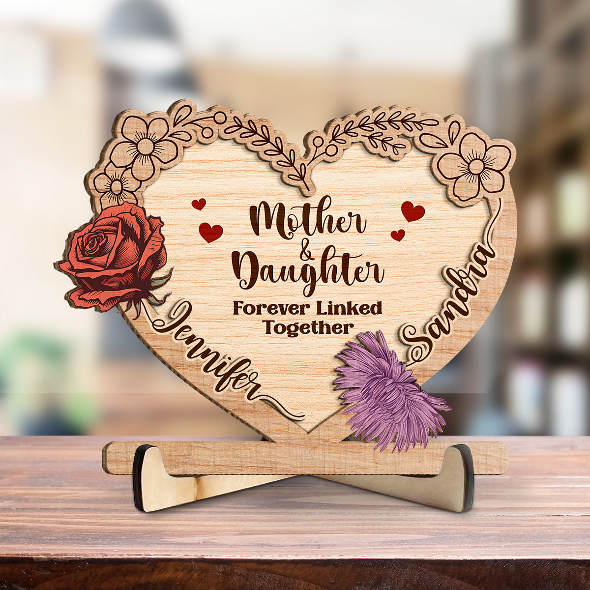Linked Together Mom And Daughter - Personalized Custom Wooden Plaque