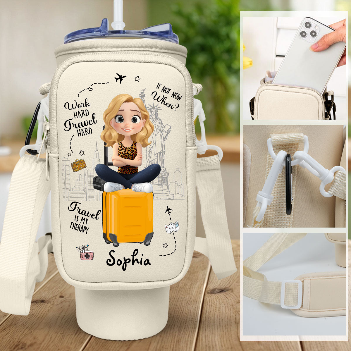 Work Hard Travel Hard - Personalized Custom 40oz Water Bottle Carrier Bag