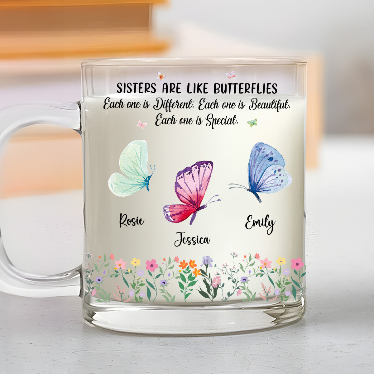 Sisters Flutter Through Life Beautifully - Personalized Custom Glass Mug