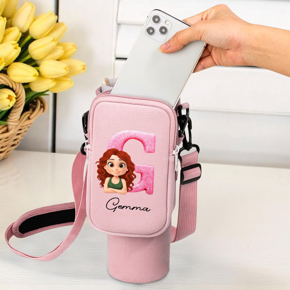 Glitter Alphabet Cartoon - Personalized Custom Water Bottle Carrier Bag