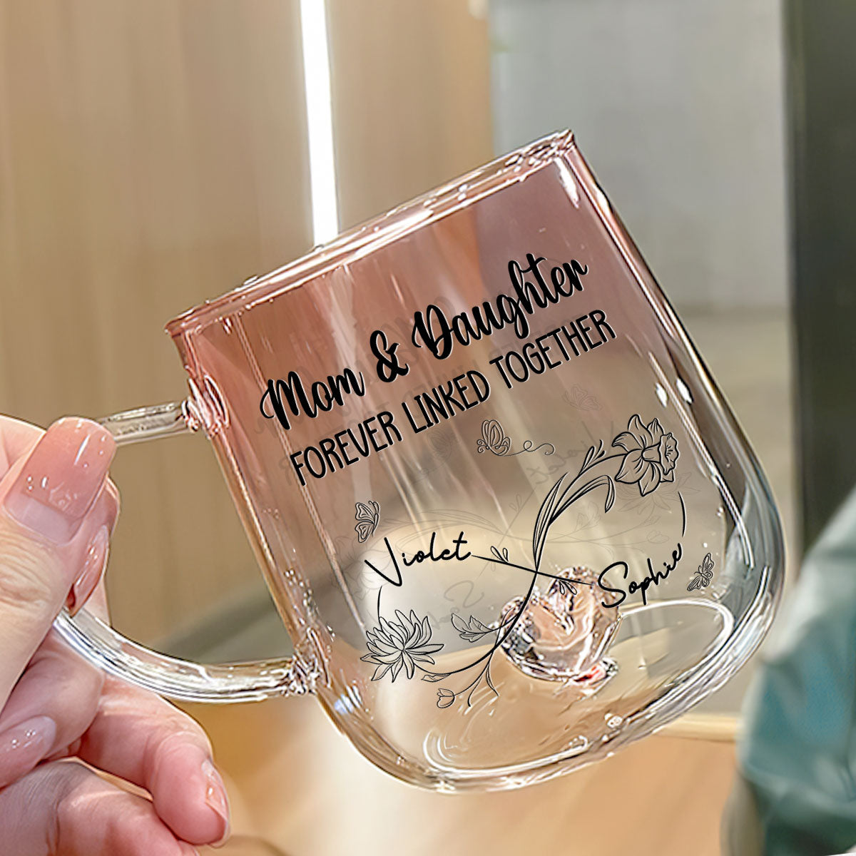 Mom And Daughter Forever Linked Together - Personalized Custom Pink Gradient Glass Mug