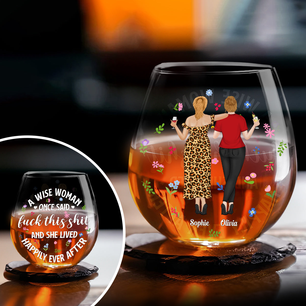 She Lived Happily Ever After - Personalized Custom Wine Glass