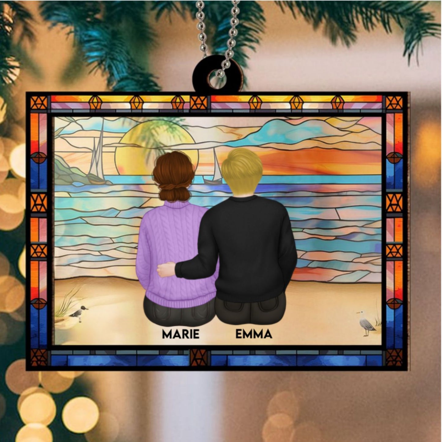 Mom And Children Sitting On The Beach - Personalized Custom Suncatcher Ornament