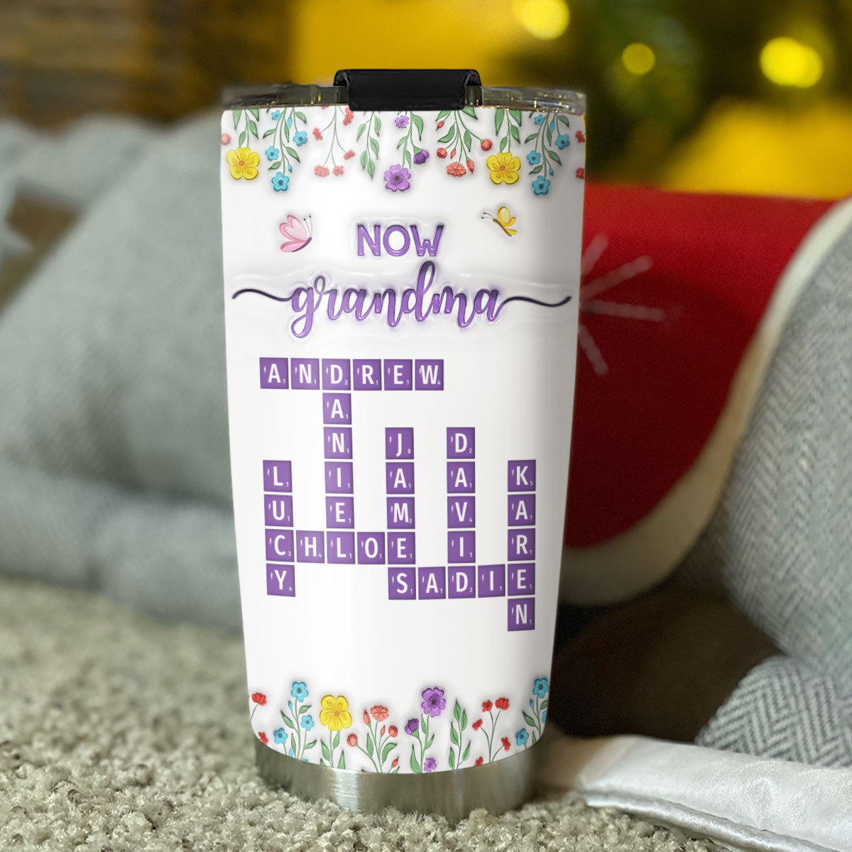 First Mom Now Grandma Crossword Floral Version - Personalized Custom 3D Inflated Effect Tumbler