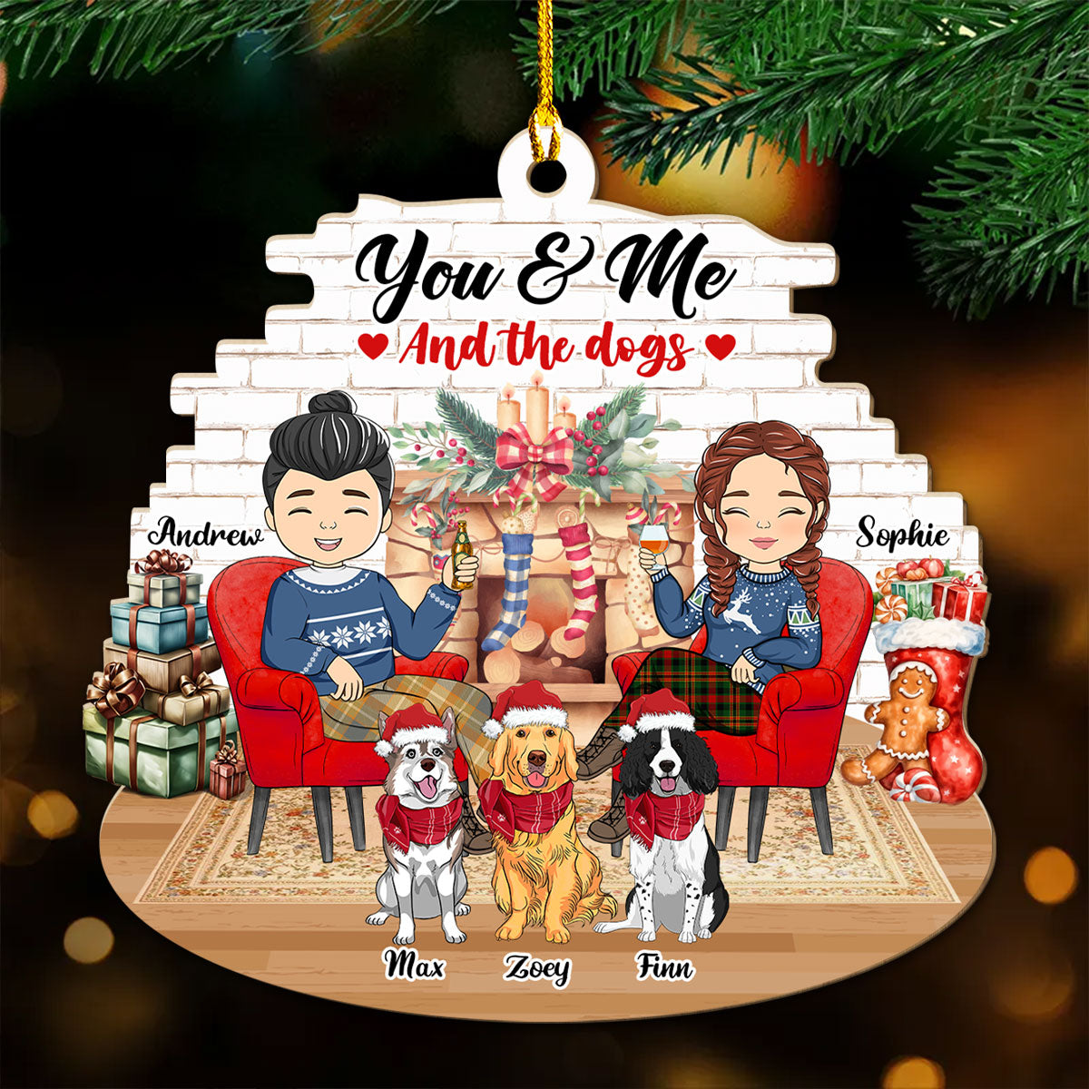 Couple And Dogs - Personalized Custom Wood Ornament