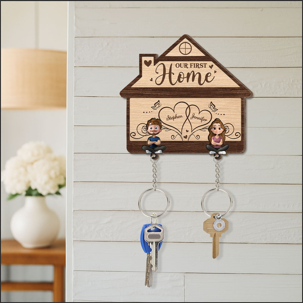Our First Home - Personalized Wooden Key Holder With Keychain