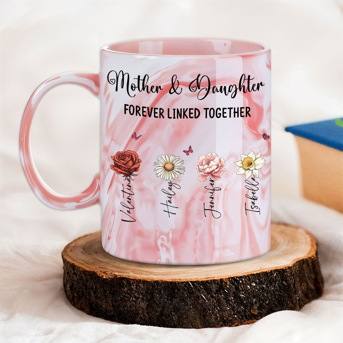 Mom And Daughter Forever Linked Together - Personalized Custom Pink Marble Mug
