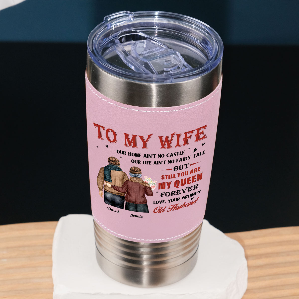 To My Queen - Personalized Custom Pink Leather Tumbler