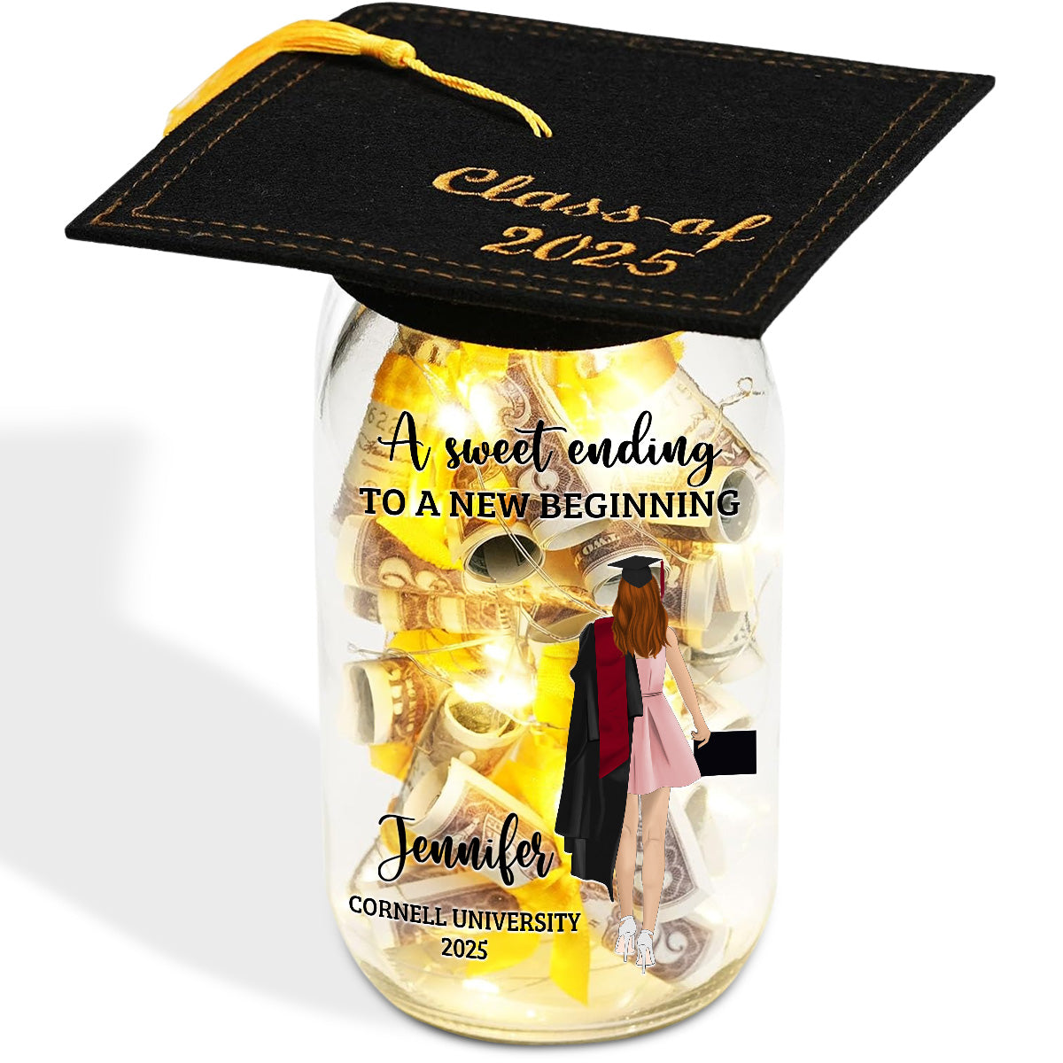 A Sweet Ending To A New Beginning - Personalized Custom Graduation Mason Jar Light