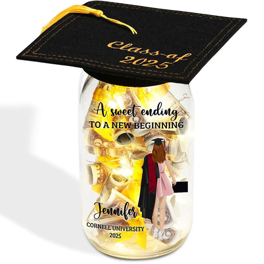 A Sweet Ending To A New Beginning - Personalized Custom Graduation Mason Jar Light