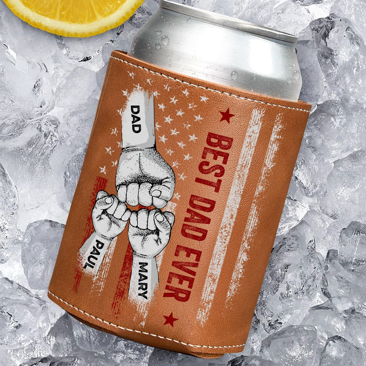 Best Bonus Dad Ever - Personalized Custom Leather Can Cooler Holder