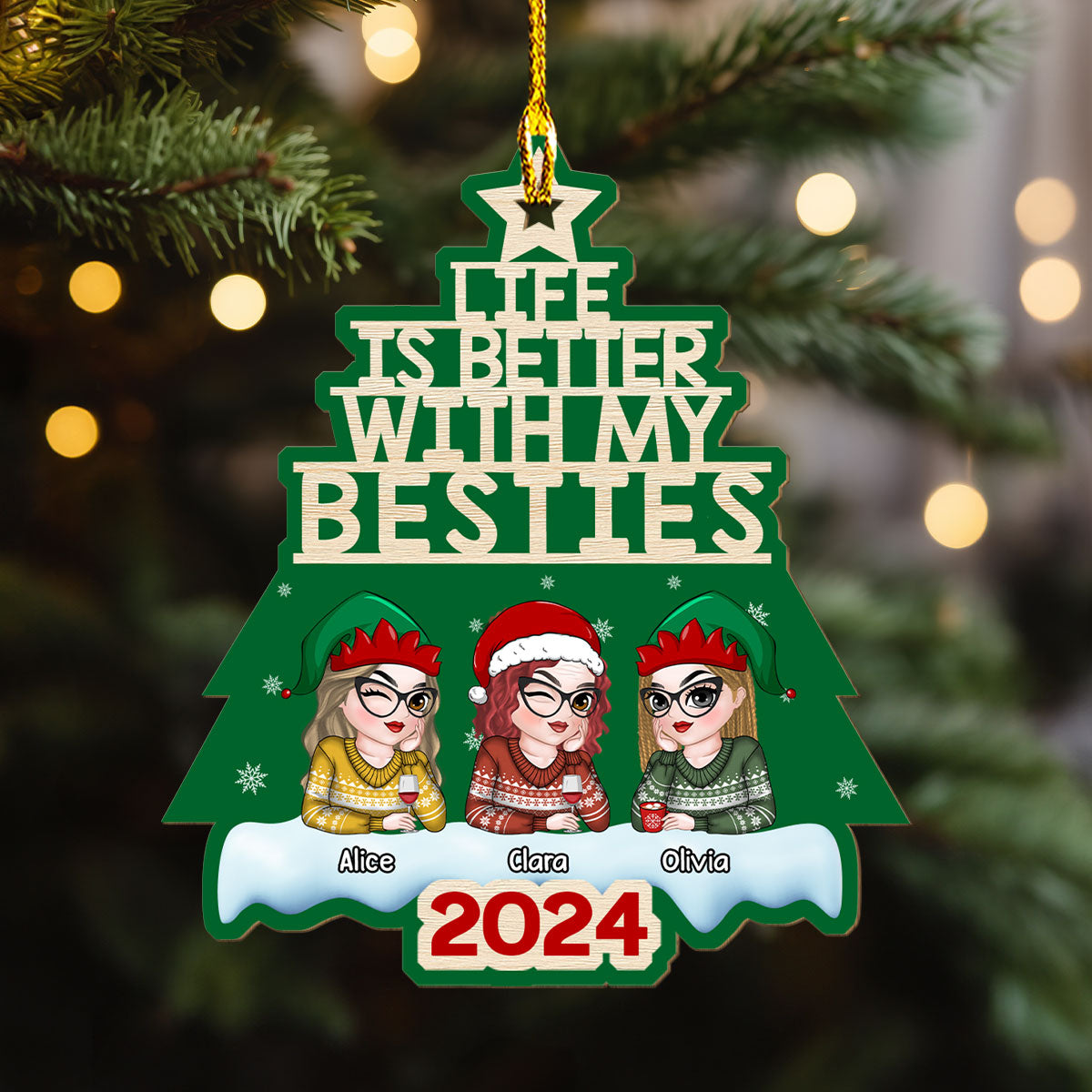 Besties Christmas Tree - Personalized Custom Wood Ornament