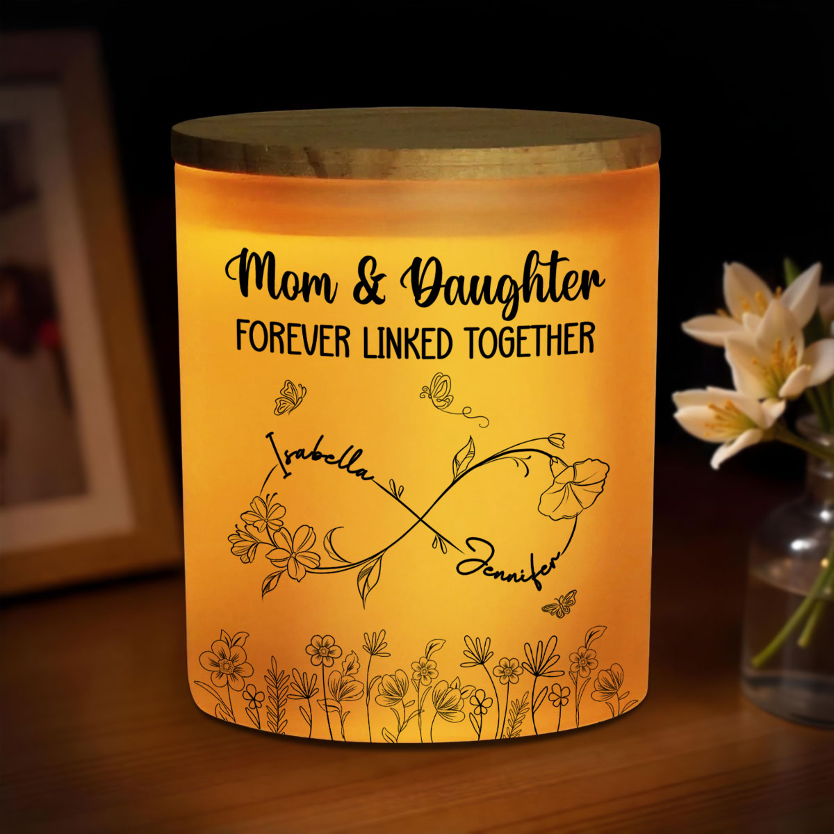 Mom And Daughter Forever Linked Together - Personalized Custom Glass Jar With LED Candle