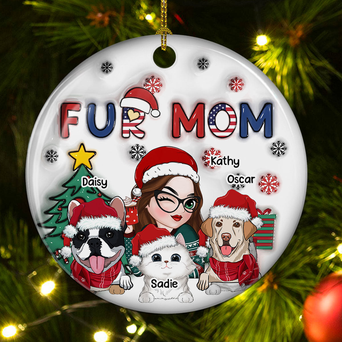 American Fur Mom Christmas -  Personalized Custom 3D Inflated Effect Ceramic Ornament