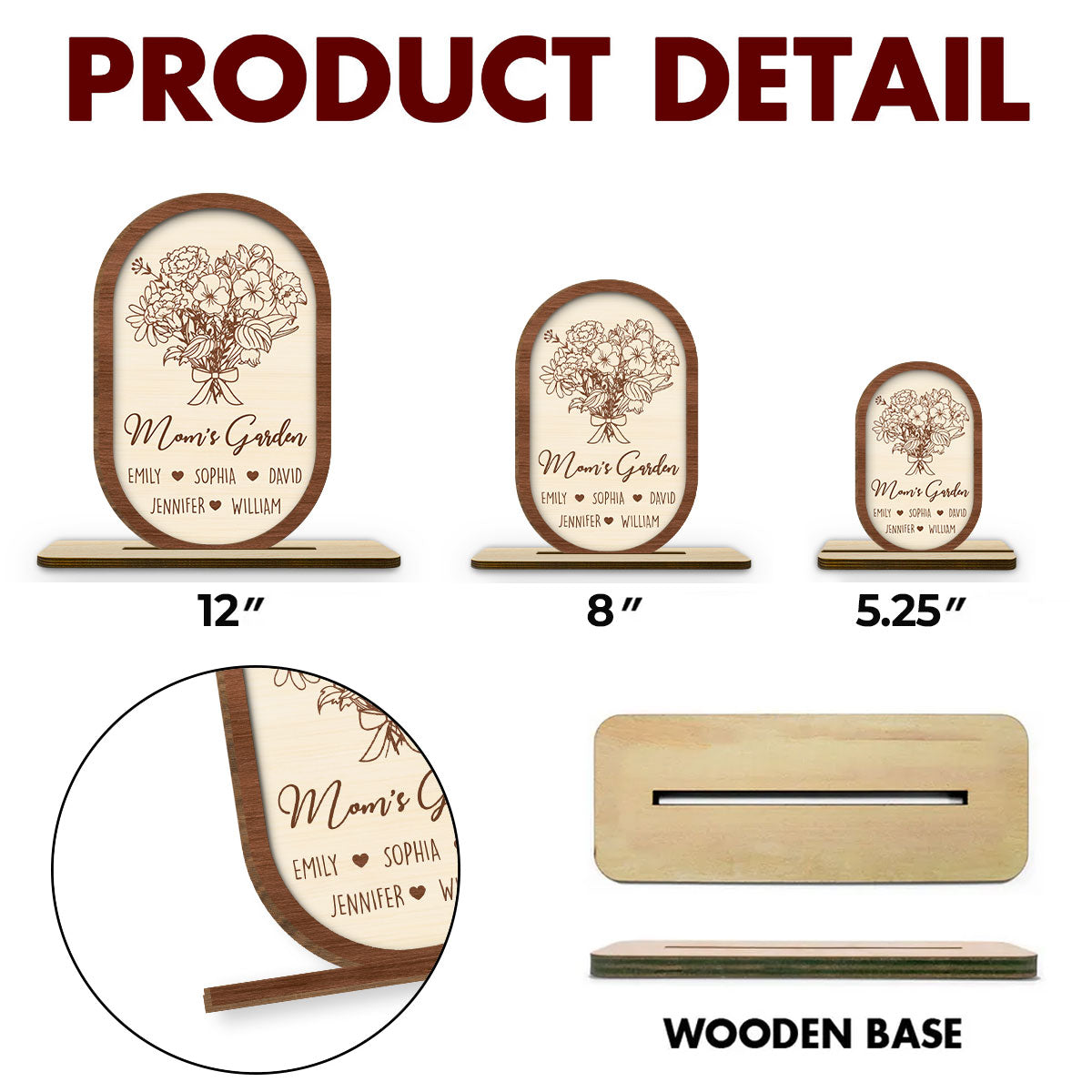 Floral With Family Names - Personalized Custom 2-Layer Wood Plaque With Flat Base