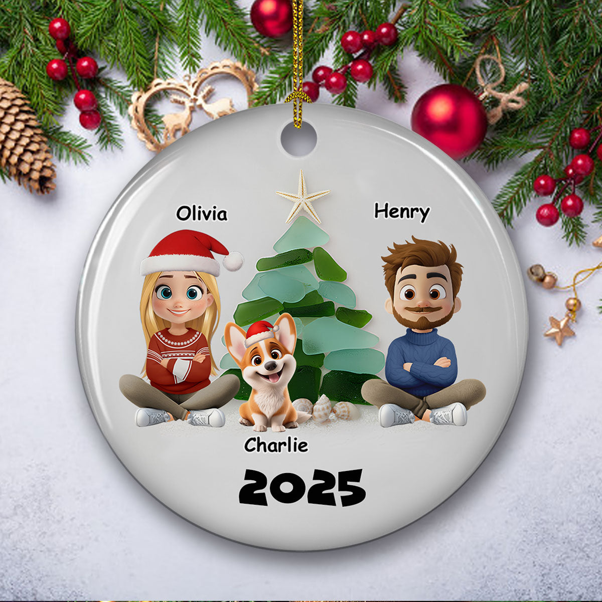 Family Sea Glass Christmas Tree - Personalized Custom Ceramic Ornament