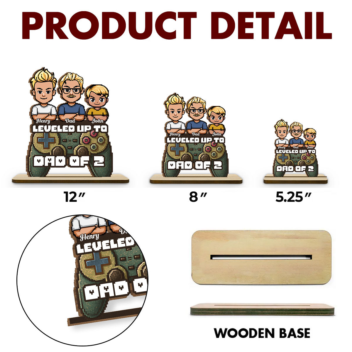 Leveled Up To Dad - Personalized Custom 2-Layer Wood Plaque With Flat Base