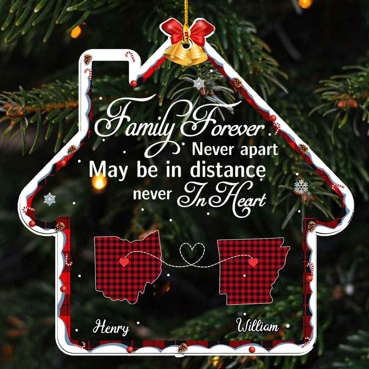 Family Forever May Be In Distance Never In Heart - Personalized Custom Acrylic Ornament