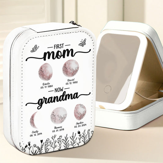 First Mom Now Grandma Floral Birth Moon - Personalized Custom Jewelry Box With LED Mirror