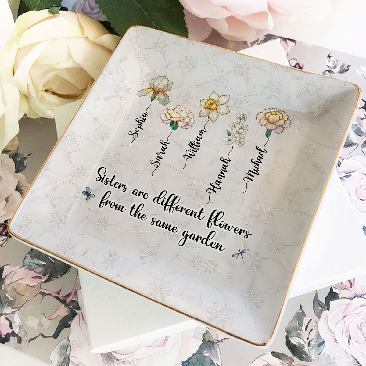 Sisters Are Flowers Mother Of Pearl - Personalized Custom Jewelry Dish