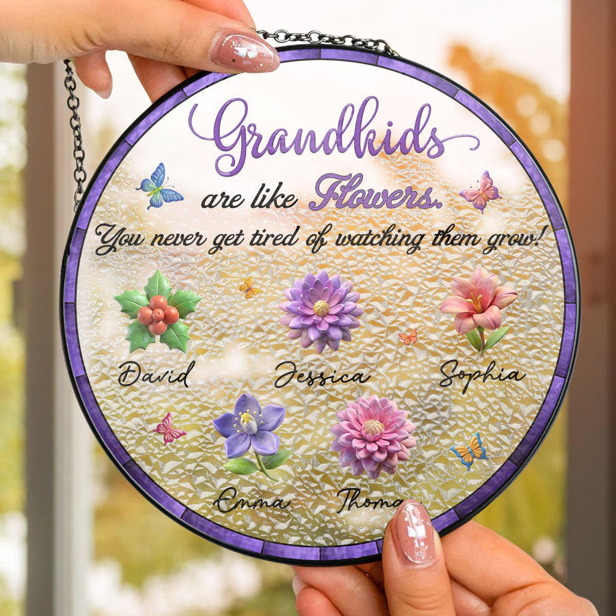 Never Get Tired Of Watching Grandkids Grow - Personalized Custom Window Hanging Suncatcher