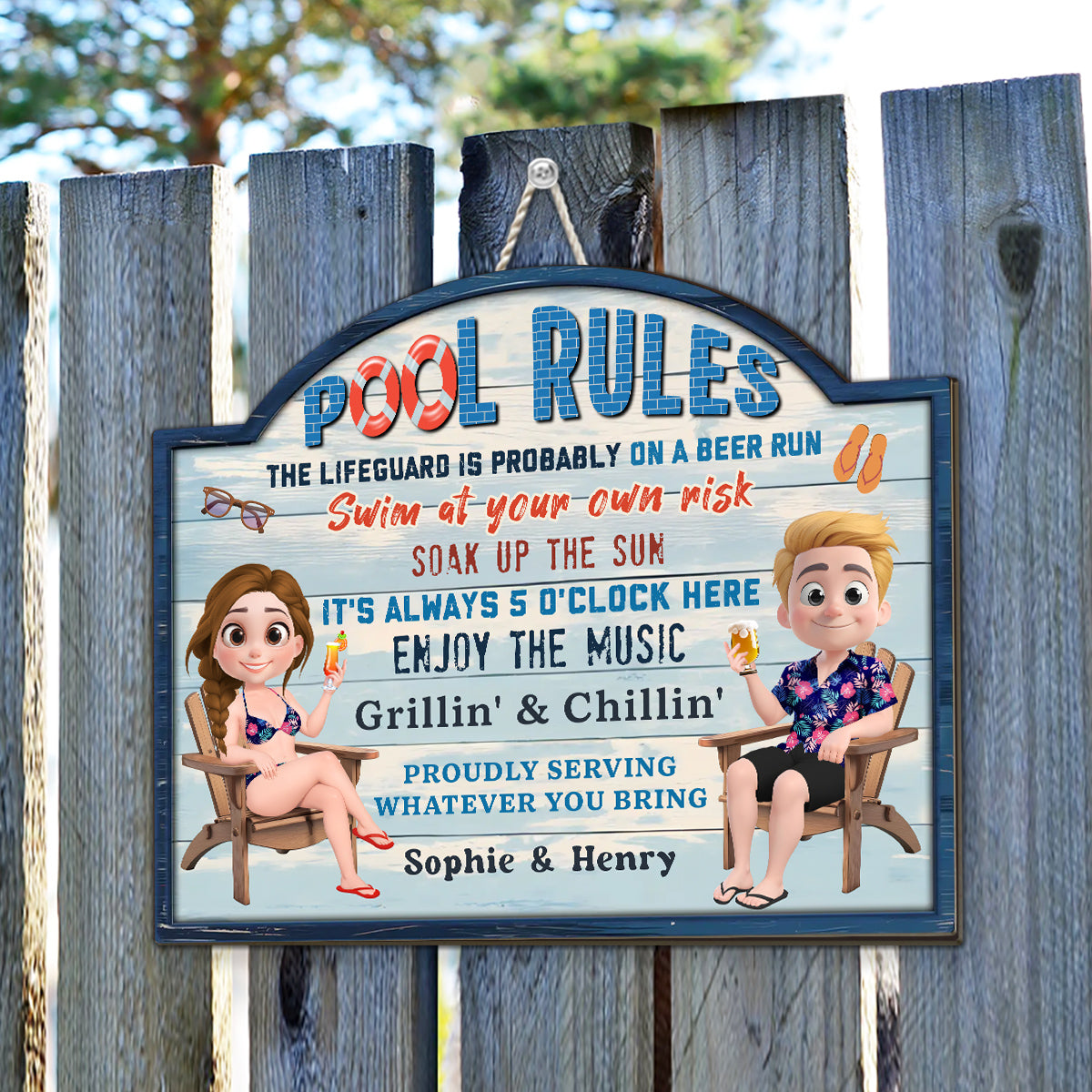 Pool Rules Swim At Your Own Risk Grilling Family - Personalized Custom Wood Sign