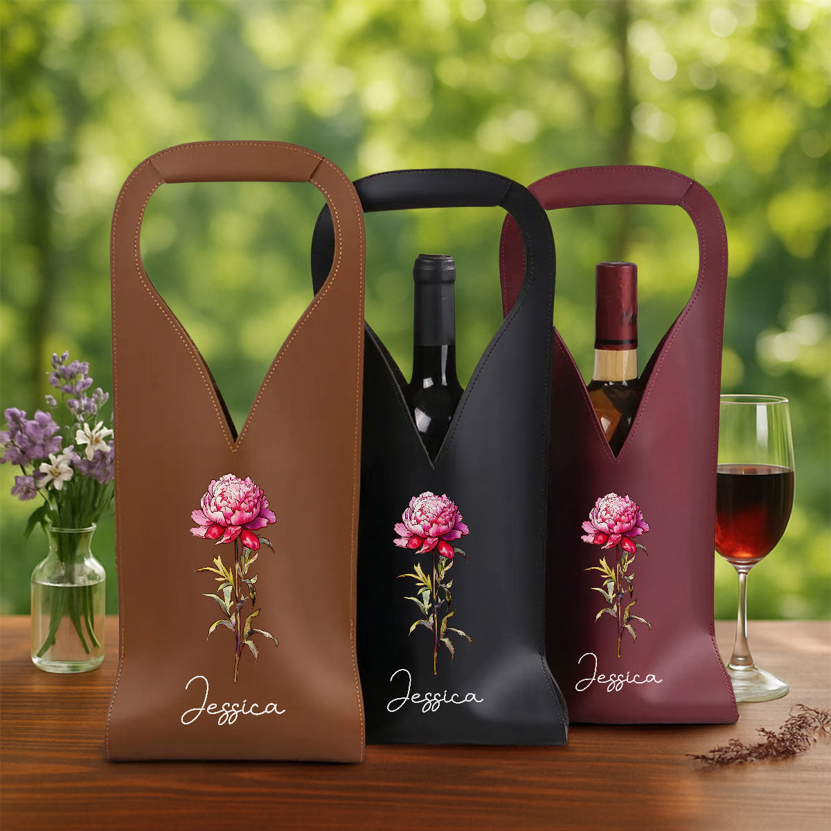 Bloom Where We Grow - Personalized Custom Leather Wine Bag