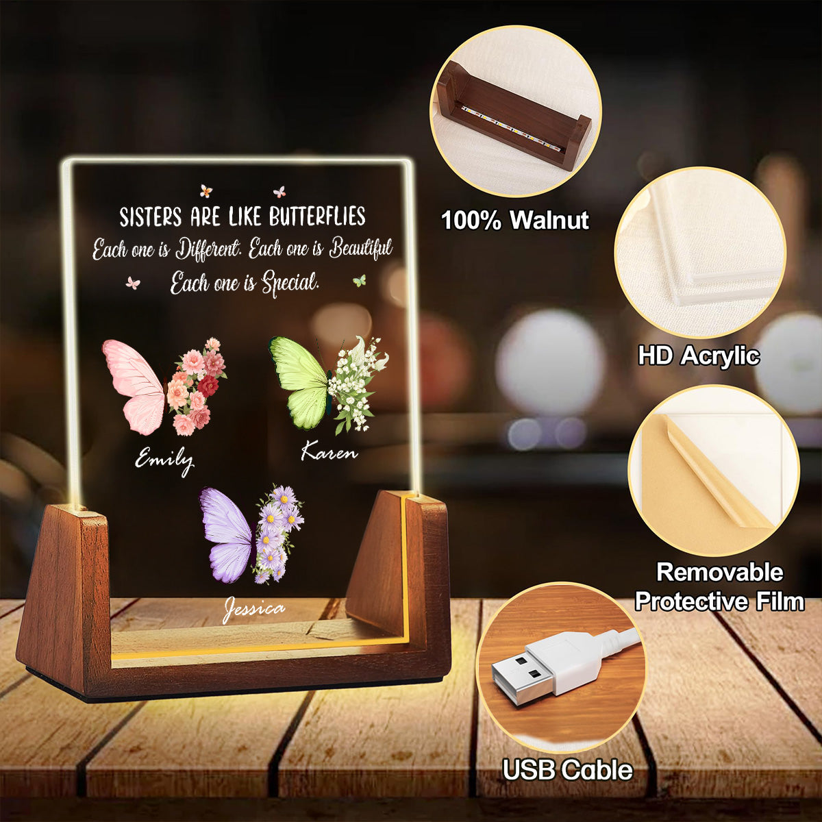 Sisters Bloom In Different Ways - Personalized Custom Plaque With Walnut Base