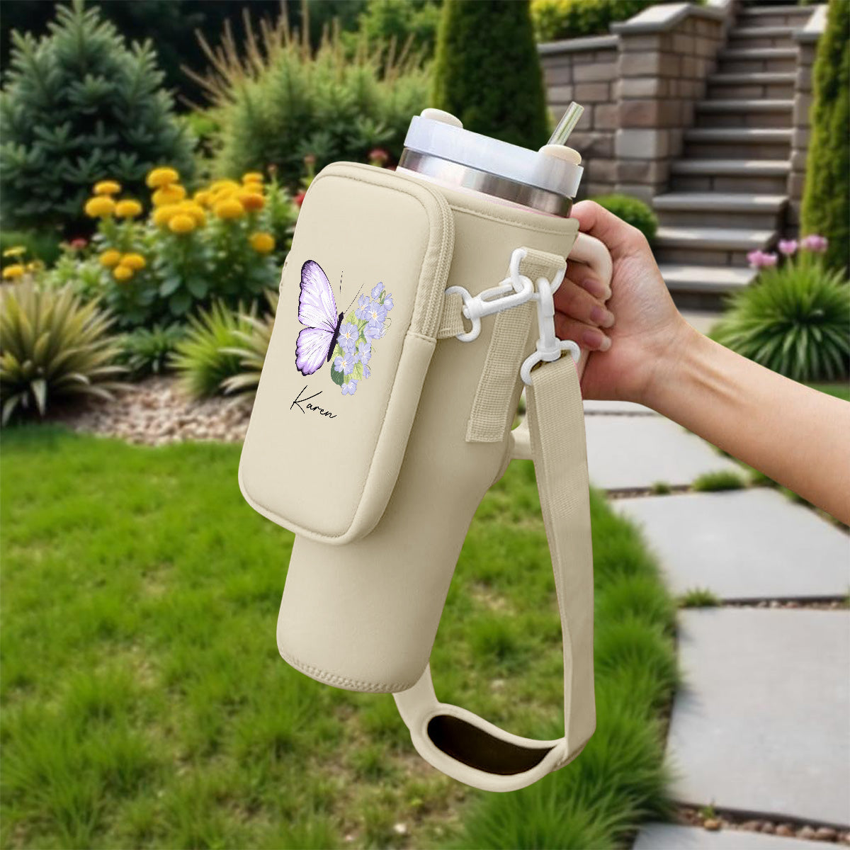 Butterfly Birthmonth Flower With Name - Personalized Custom 40oz Water Bottle Carrier Bag
