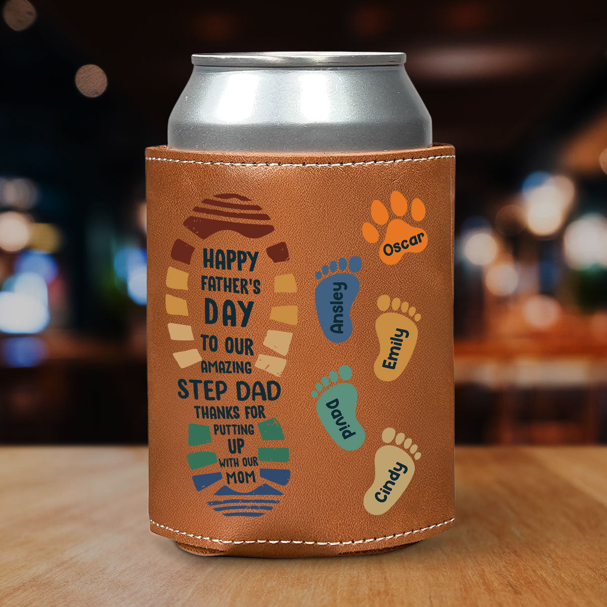 Amazing Step Dad - Personalized Custom Leather Can Cooler Holder