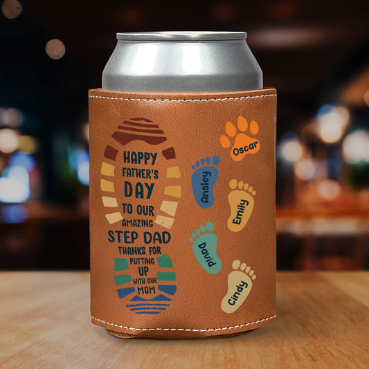 Amazing Step Dad - Personalized Custom Leather Can Cooler Holder