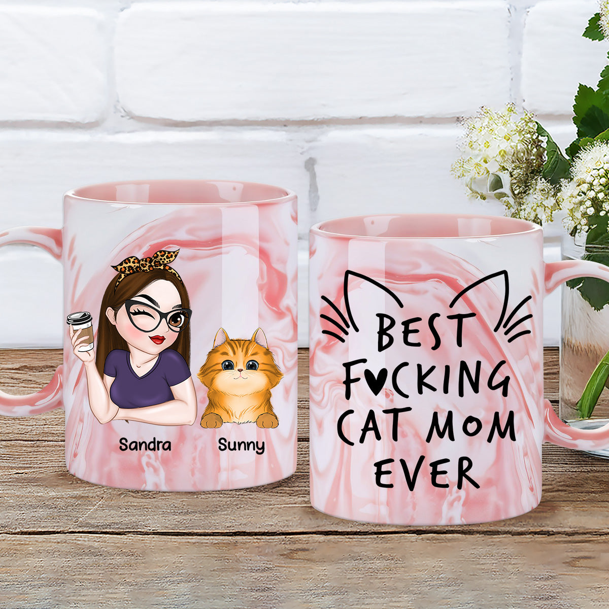 Best Cat Mom Ever - Personalized Custom Pink Marble Mug
