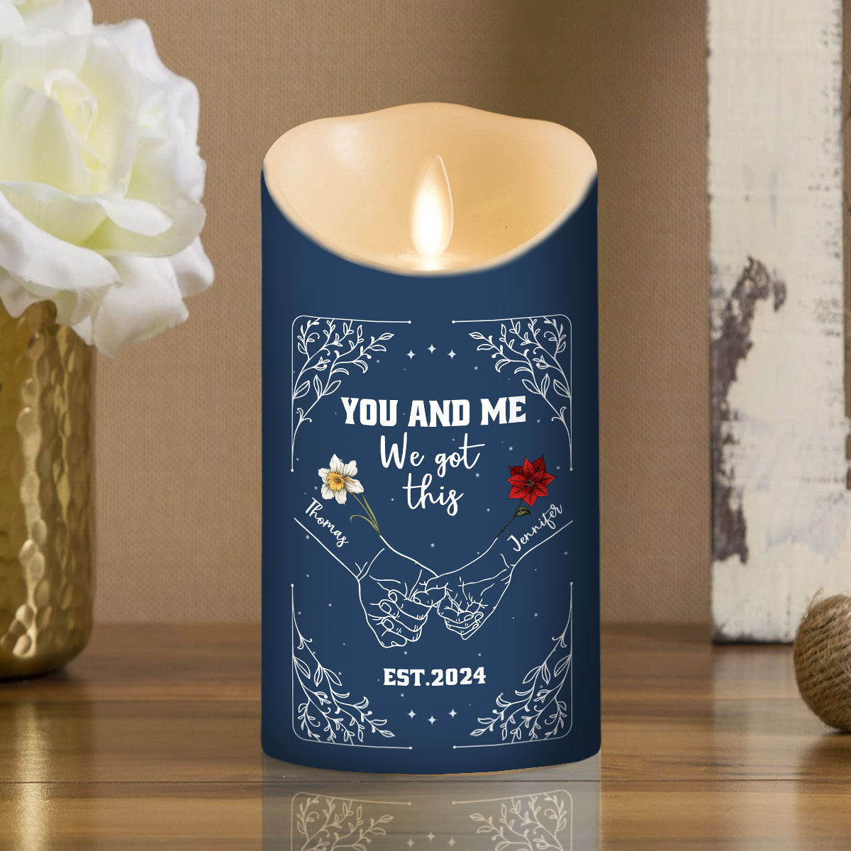 Birth Flower Hands In Hands - Personalized Custom LED Candle