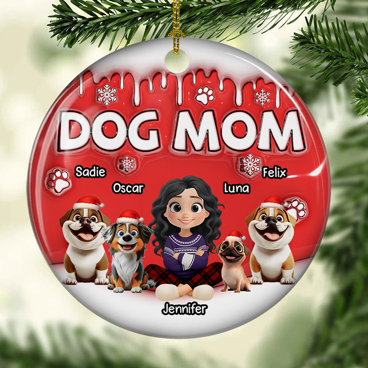 Dog Mom Cartoon In Christmas - Personalized Custom 3D Inflated Effect Ceramic Ornament