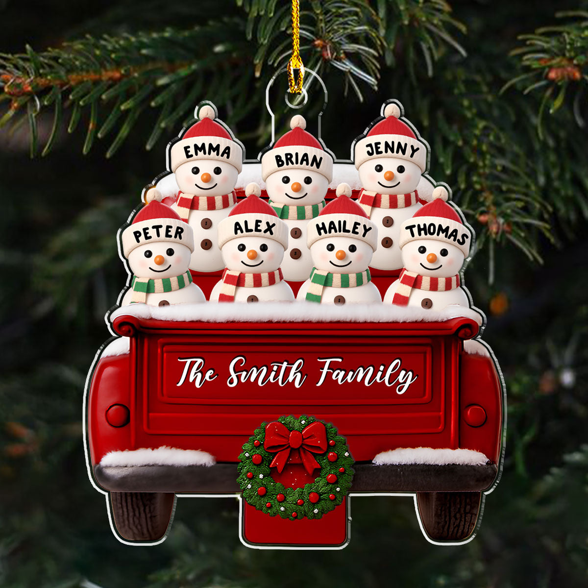 Red Truck Snowman Family - Personalized Custom Acrylic Ornament