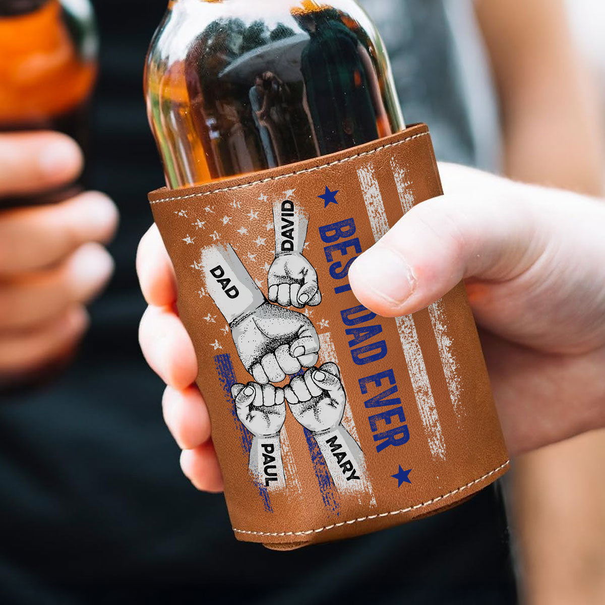 Best Bonus Dad Ever - Personalized Custom Leather Can Cooler Holder