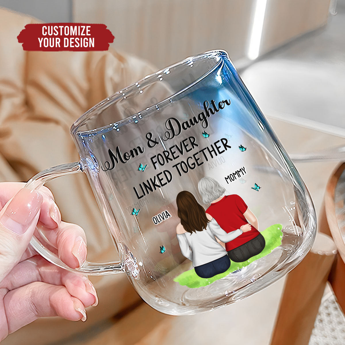 Mother And Daughter Linked Forever - Personalized Custom Blue Gradient Glass Mug