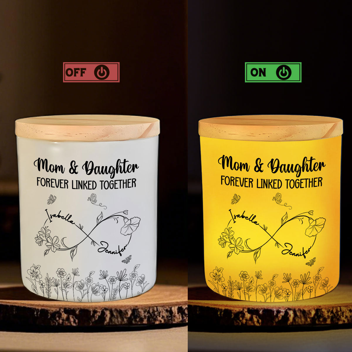 Mom And Daughter Forever Linked Together - Personalized Custom Glass Jar With LED Candle