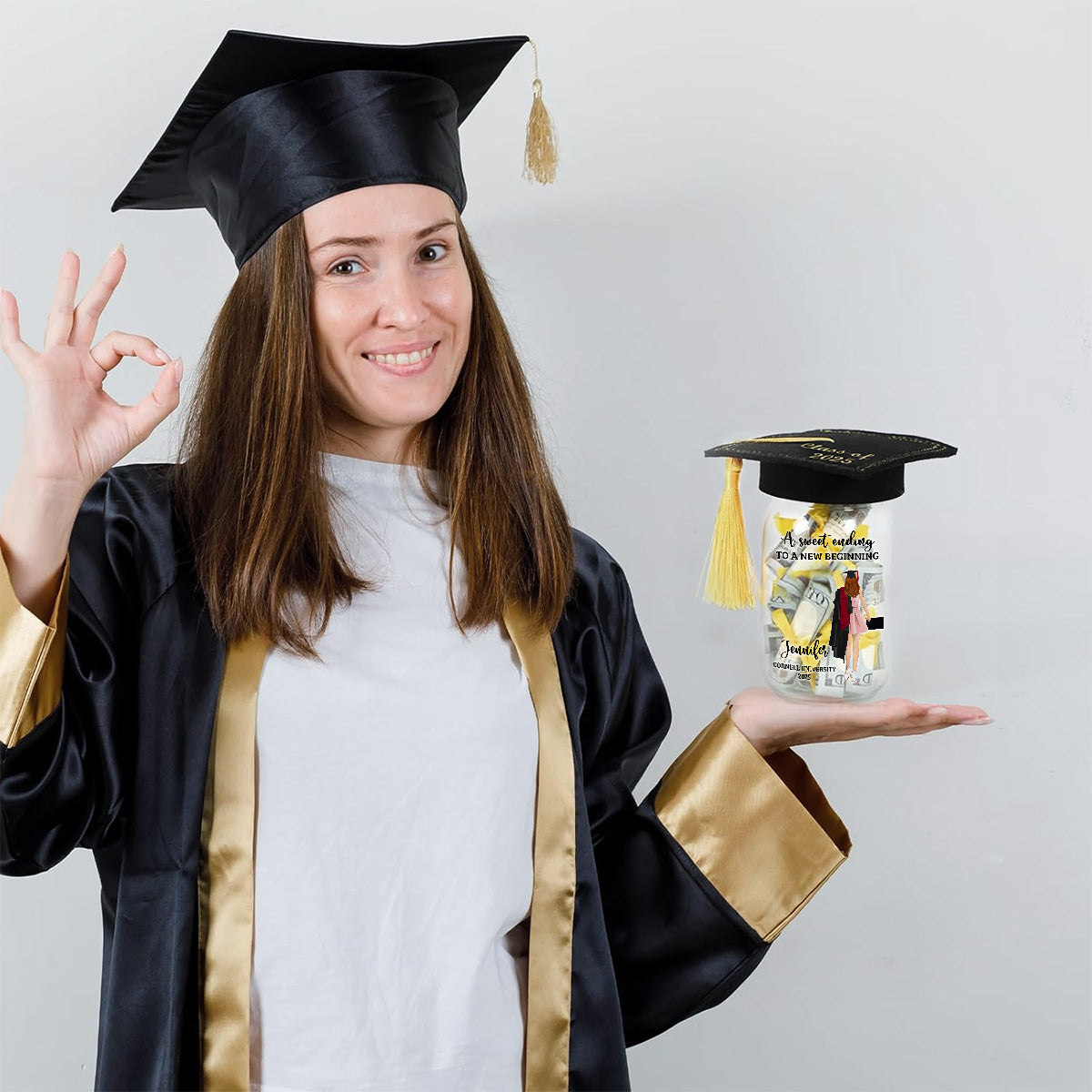 A Sweet Ending To A New Beginning - Personalized Custom Graduation Mason Jar Light