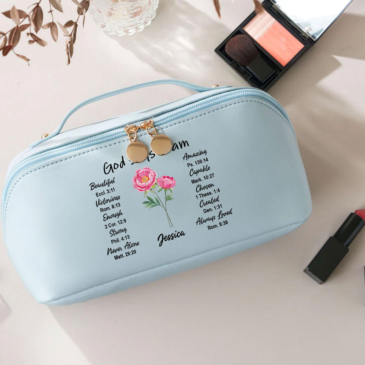 God Says I Am - Personalized Custom Leather Makeup Bag