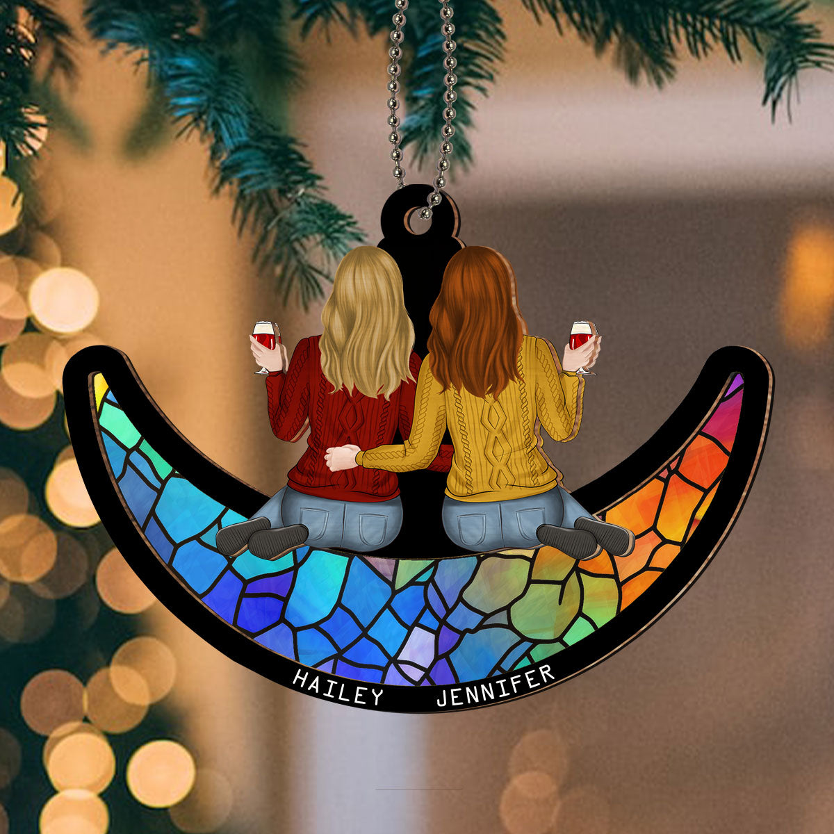 Besties Sitting On The Moon - Personalized Custom Suncatcher Ornament