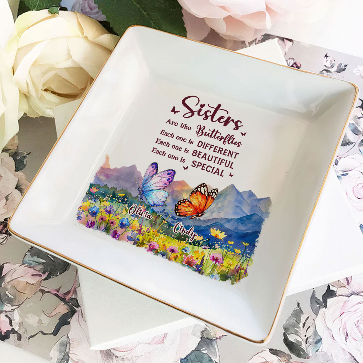 Sisters Are Like Butterflies - Personalized Custom Jewelry Dish