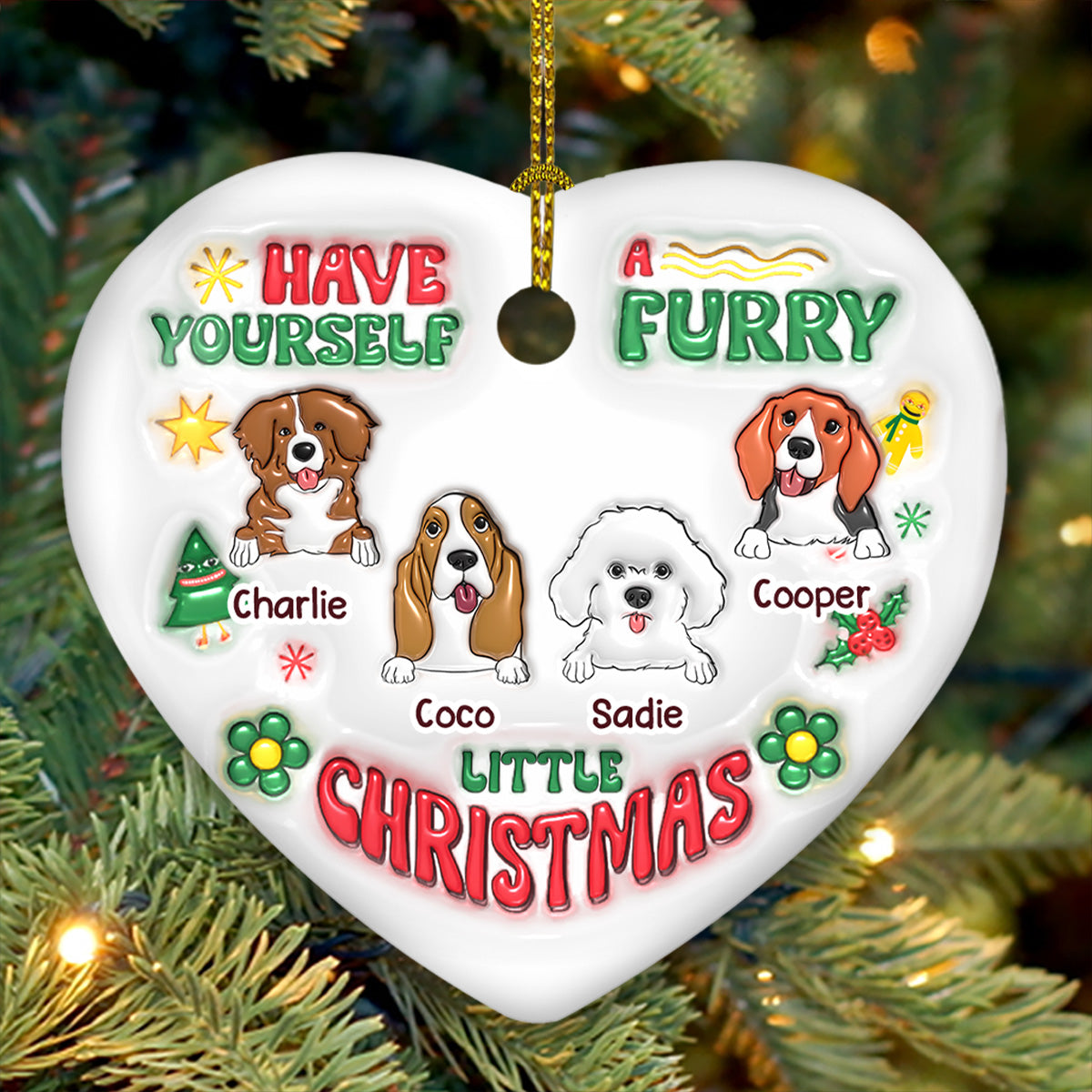 Have Yourself A Furry Little Christmas - Personalized Custom 3D Inflated Effect Heart Ceramic Ornament