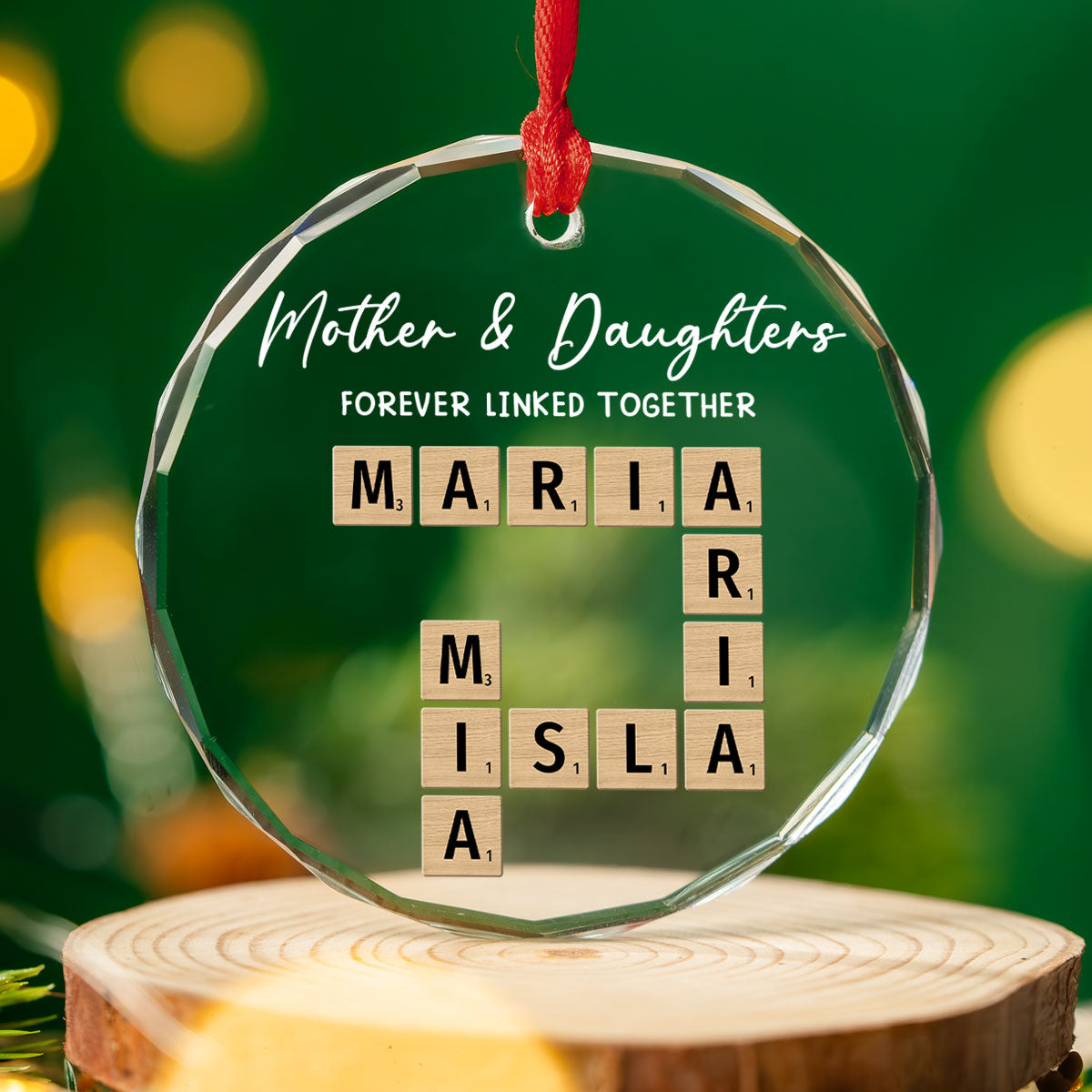 Mother With Daughters Hearts Stay United - Personalized Custom Glass Ornament