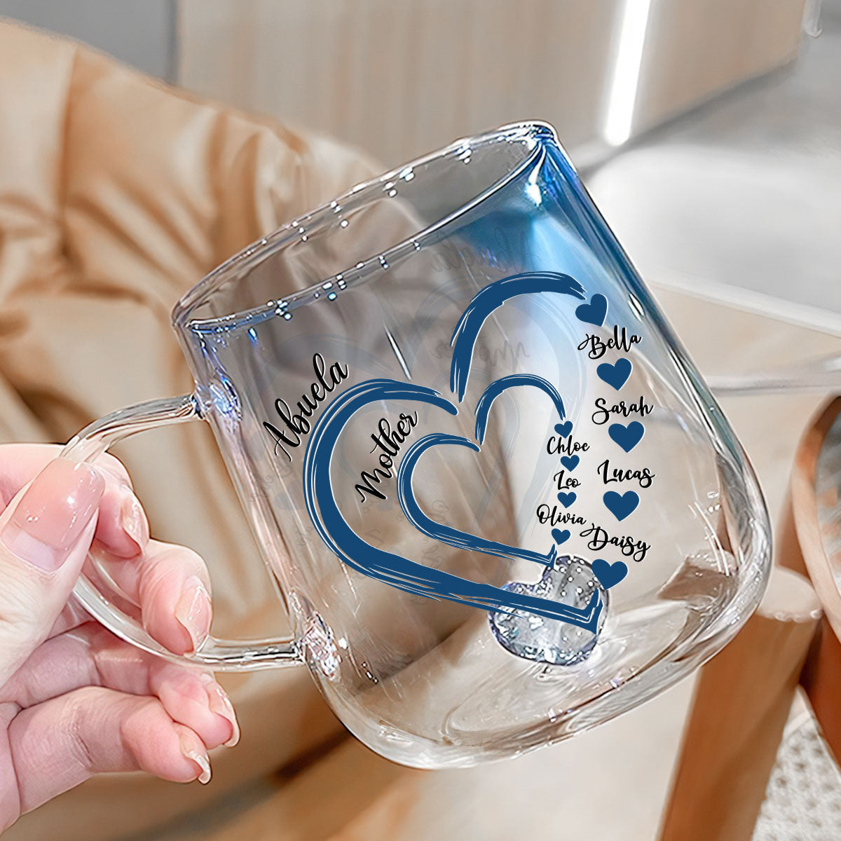 Mom Heart - Personalized Custom Blue Gradient Glass Mug